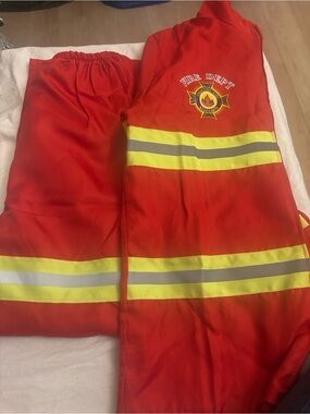 New Red Fire Dept Reflective Jacket , pant and  pre-owned hat and badge